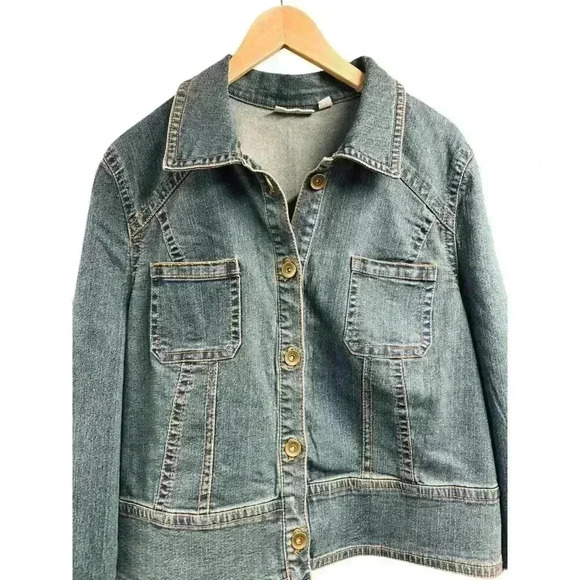 Susan Graver Jeans Stretch Denim Button Front Peplum Jacket Patch Pockets Sz XL - Picture 9 of 16